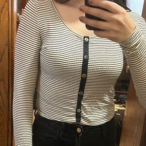 Ginger G Black and White Striped Button-Down Top